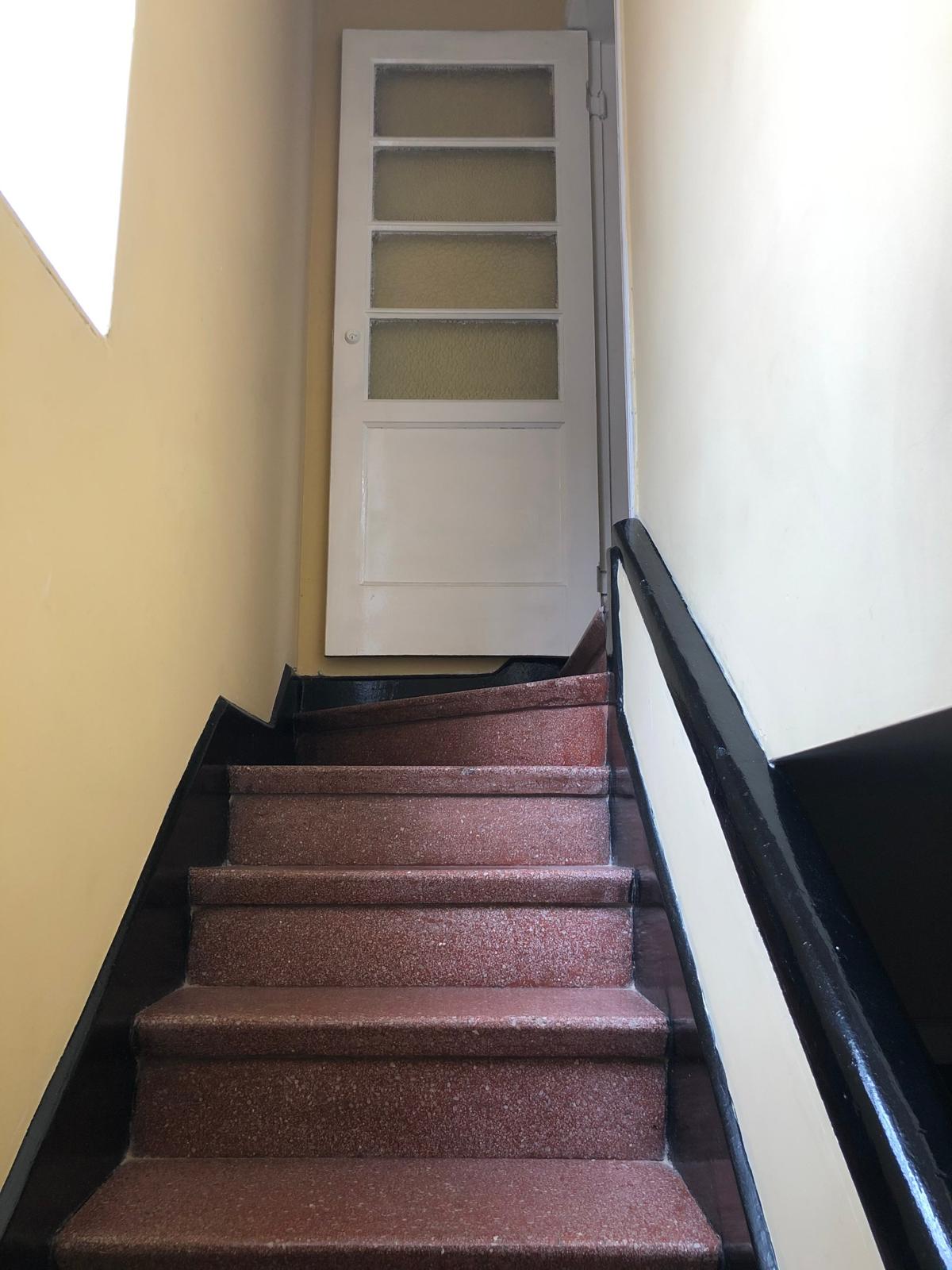 Terrazzo stairs rising to a white door with frosted glass panels